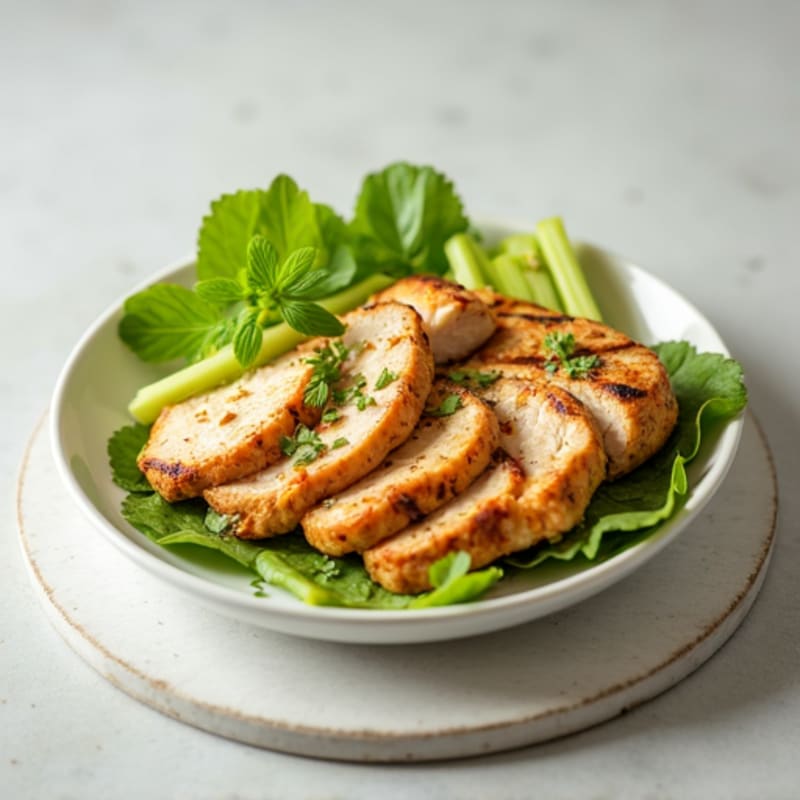 Grilled Chicken Breast Slices with Celery Sticks and Avocado