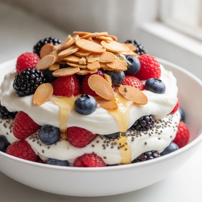 Greek Yogurt Protein Parfait with Mixed Berries and Almonds
