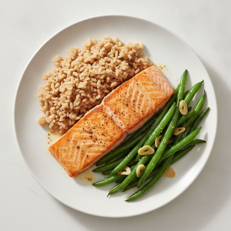 Seared Salmon with Garlic Green Beans and Brown Rice