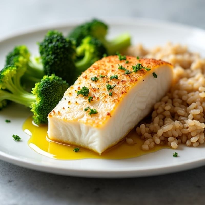 Baked Cod with Steamed Broccoli and Brown Rice