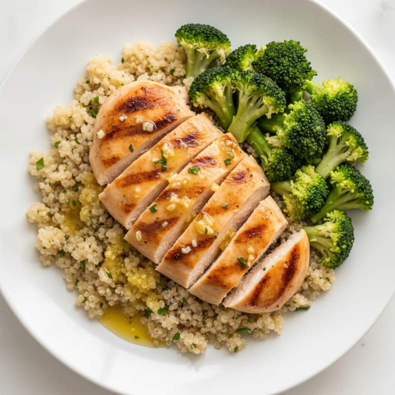 Grilled Lemon Garlic Chicken Breast with Quinoa and Steamed Broccoli