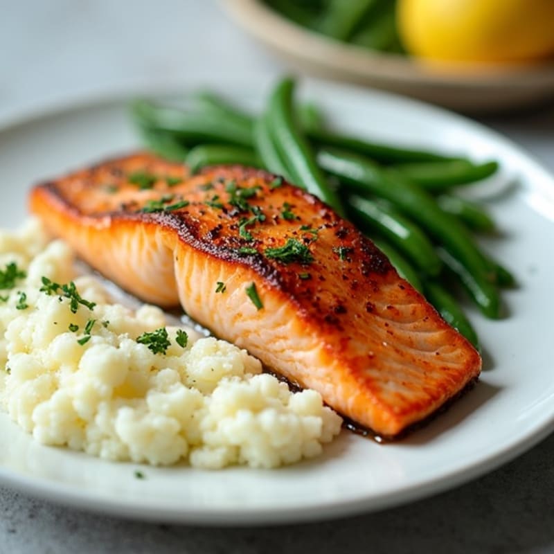 Seared Salmon with Garlic Green Beans and Cauliflower Mash