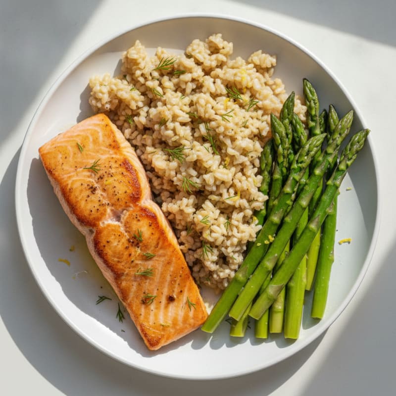 Seared Salmon with Steamed Asparagus and Herbed Brown Rice