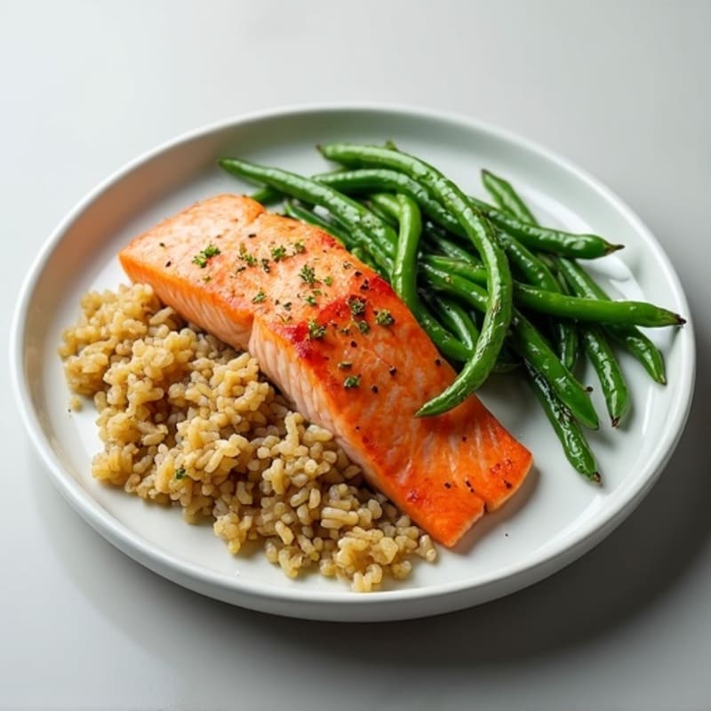 Pan-Seared Salmon with Garlic Green Beans and Brown Rice