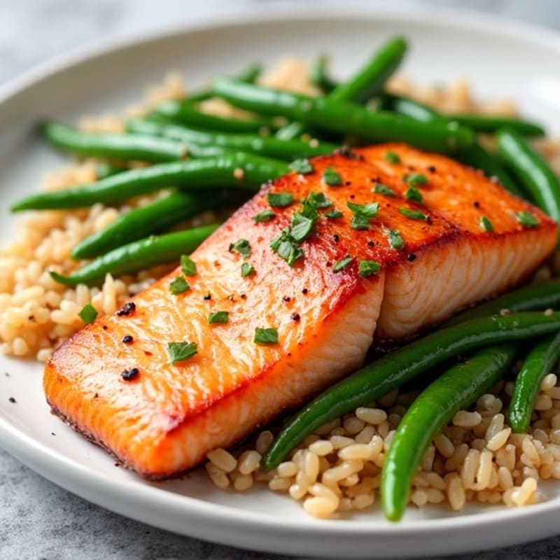 Seared Salmon with Garlic Green Beans and Brown Rice