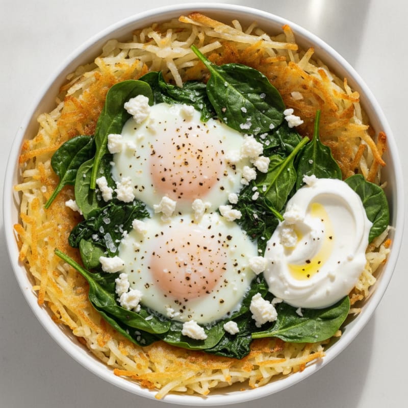 Baked Eggs with Hashbrowns and Spinach