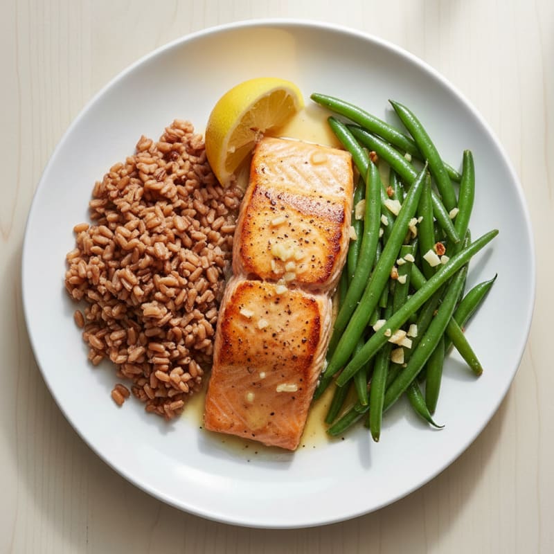 Seared Salmon Fillet with Garlic Green Beans and Brown Rice