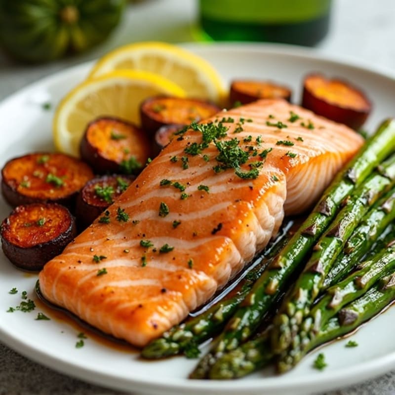 Sheet Pan Lemon Garlic Salmon with Roasted Asparagus and Sweet Potatoes