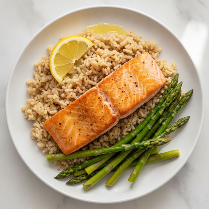 Seared Salmon with Steamed Asparagus and Brown Rice