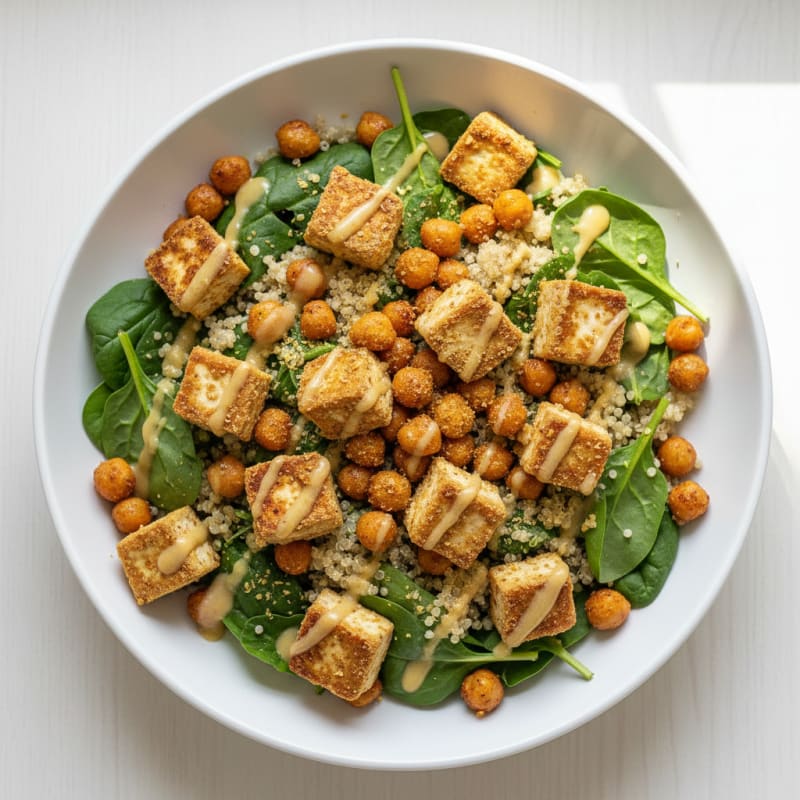 Crispy Tofu and Quinoa Power Bowl with Roasted Chickpeas