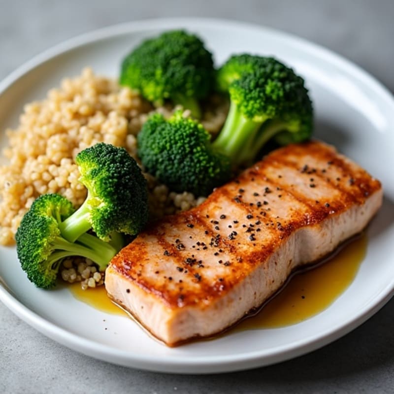 Seared Tuna Steak with Roasted Broccoli and Quinoa