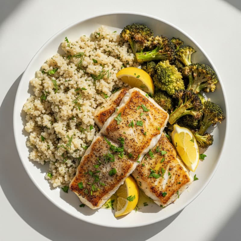 Herb-Roasted Cod with Steamed Quinoa and Roasted Broccoli