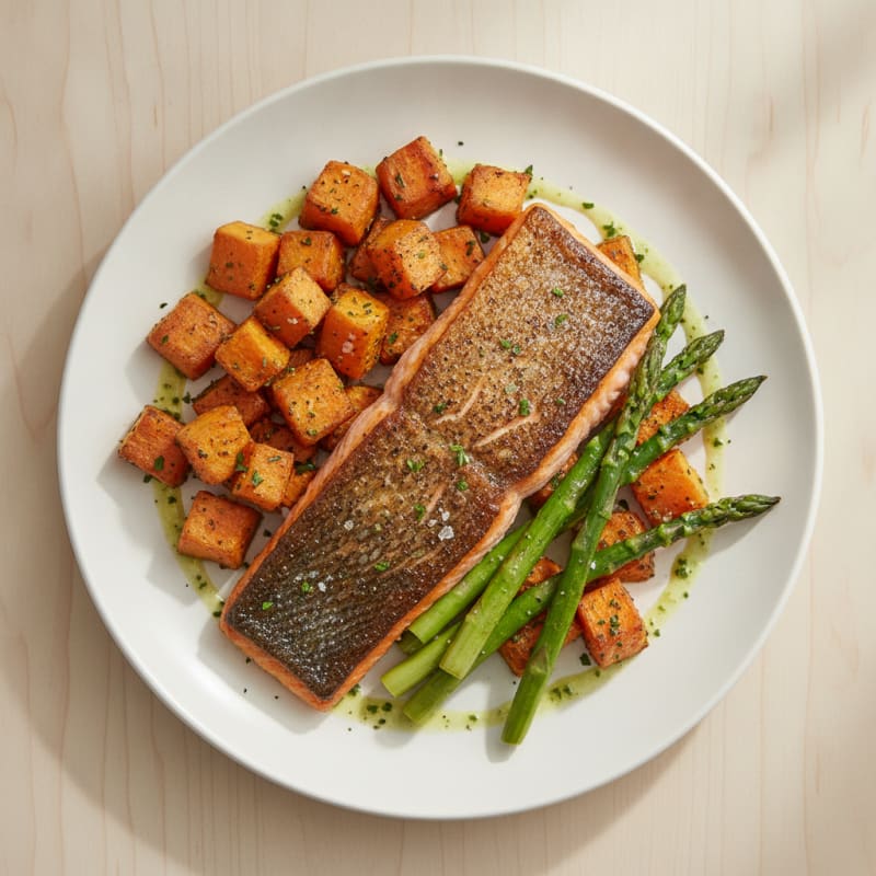 Seared Salmon with Roasted Sweet Potatoes and Asparagus