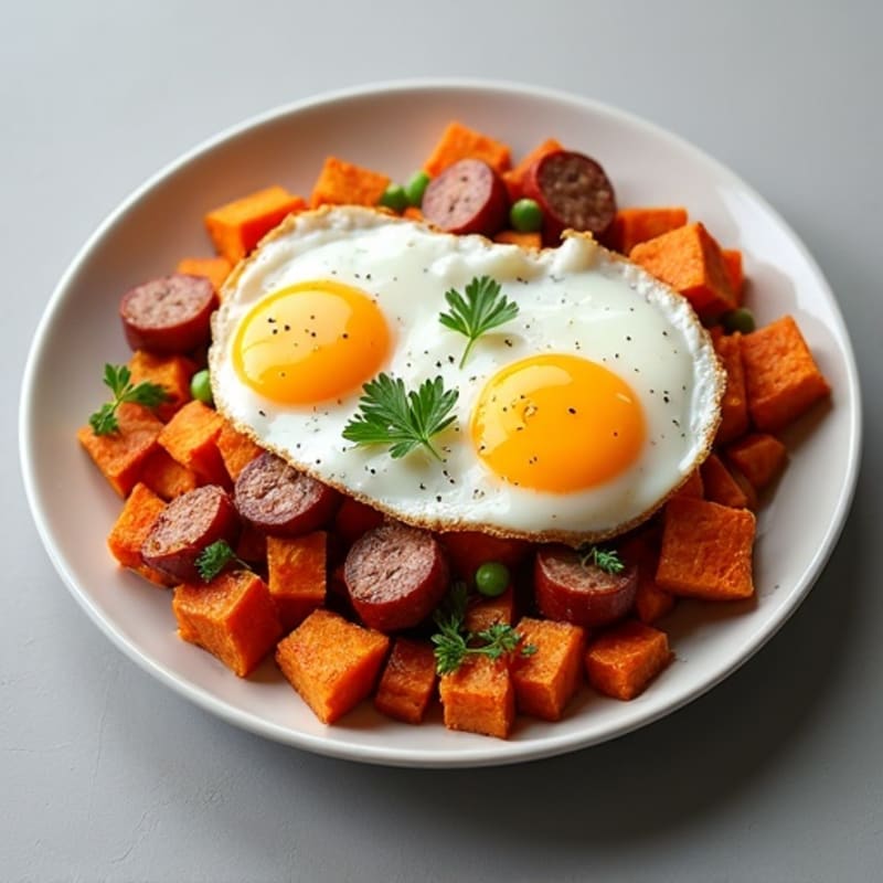 Crispy Sweet Potato Hash with Chicken Sausage and Fried Eggs