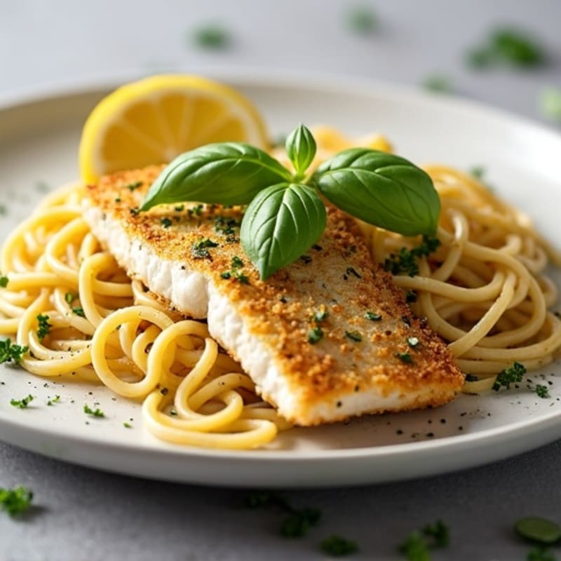 Herb-Crusted Pacific Whiting with Lemon Garlic Spaghetti