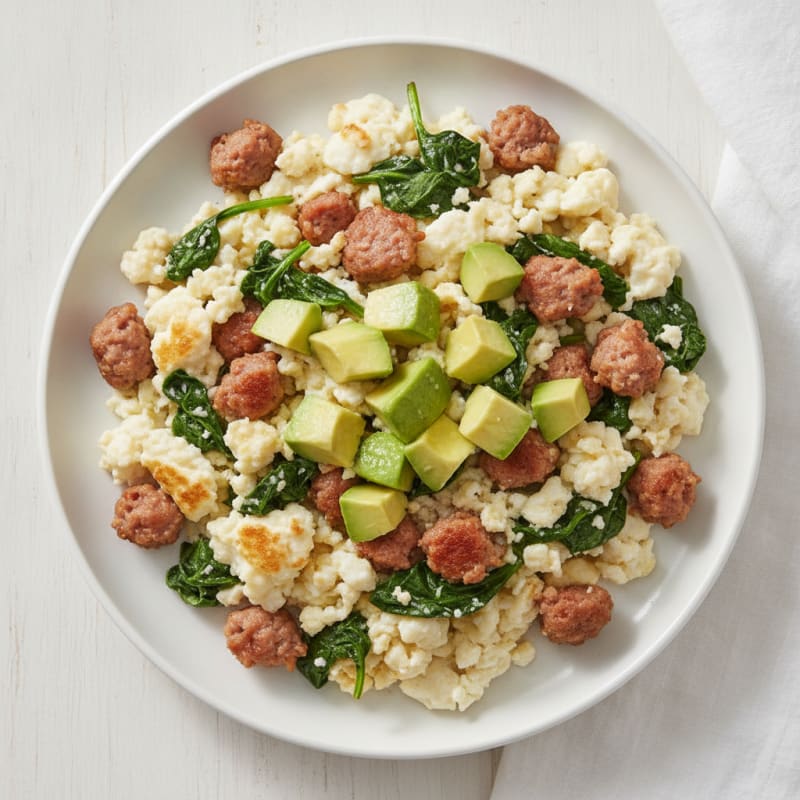Egg White and Turkey Sausage Scramble with Sautéed Spinach