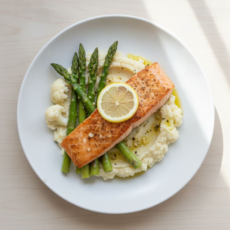 Seared Salmon with Steamed Asparagus and Cauliflower Mash