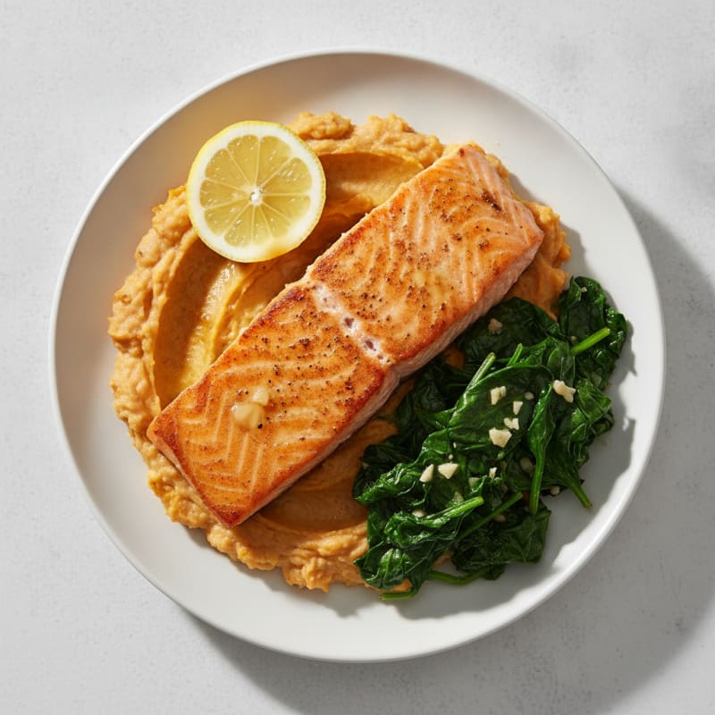 Seared Salmon with Garlic Spinach and Sweet Potato Mash