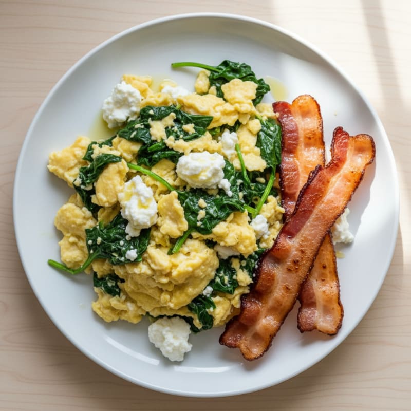 Cottage Cheese Scramble with Spinach and Turkey Bacon