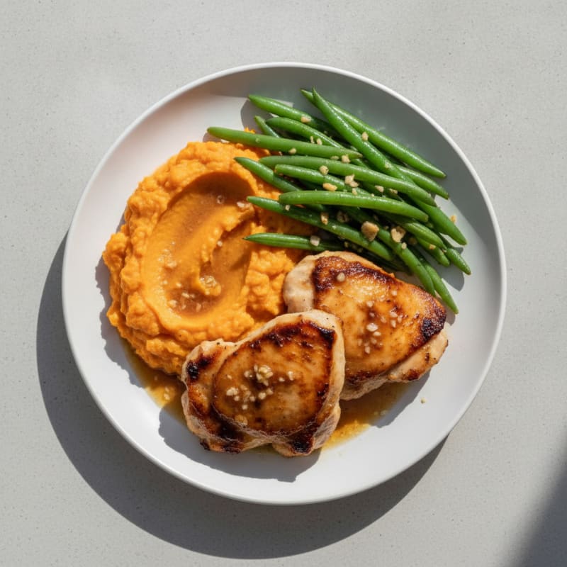 Seared Chicken Thighs with Steamed Green Beans and Sweet Potato Mash
