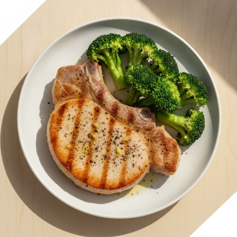 Pan-Seared Pork Chop with Steamed Broccoli