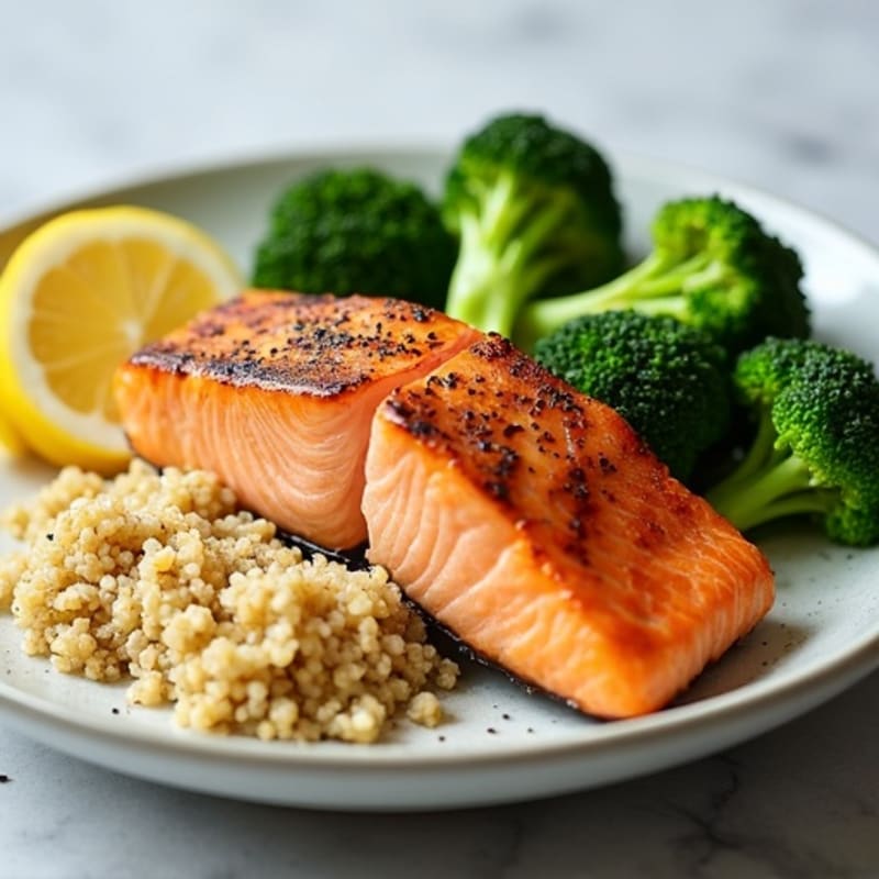 Seared Salmon with Steamed Broccoli and Quinoa