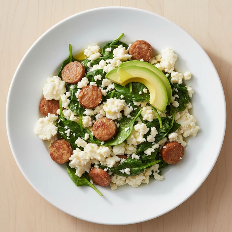 Egg White Scramble with Turkey Sausage and Sautéed Spinach
