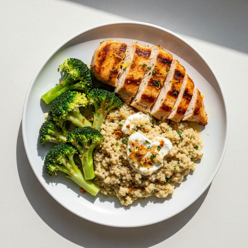 Grilled Chicken Breast with Creamy Quinoa and Steamed Broccoli