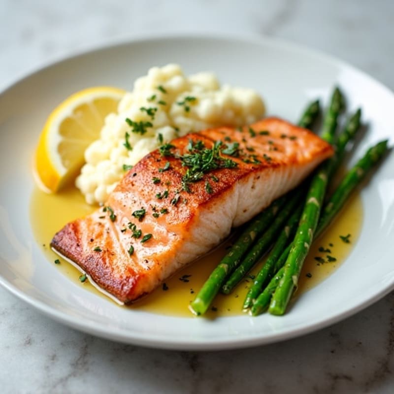 Seared Salmon with Steamed Asparagus and Cauliflower Mash