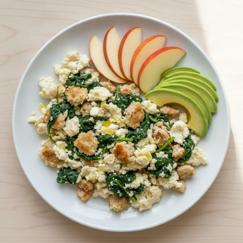 Egg White and Turkey Sausage Scramble with Sautéed Spinach