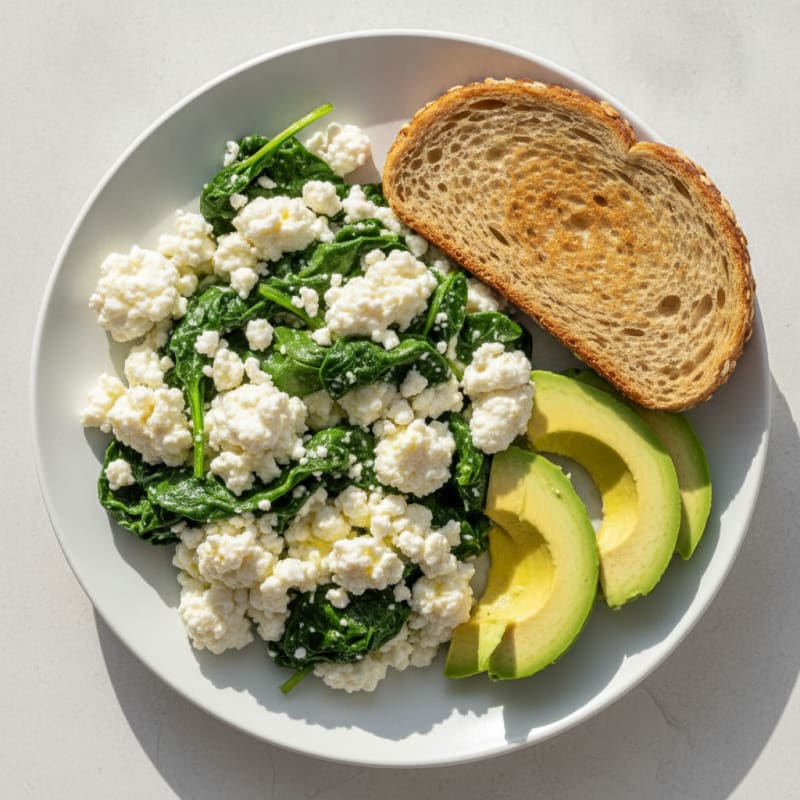 Scrambled Egg Whites with Cottage Cheese and Sautéed Spinach