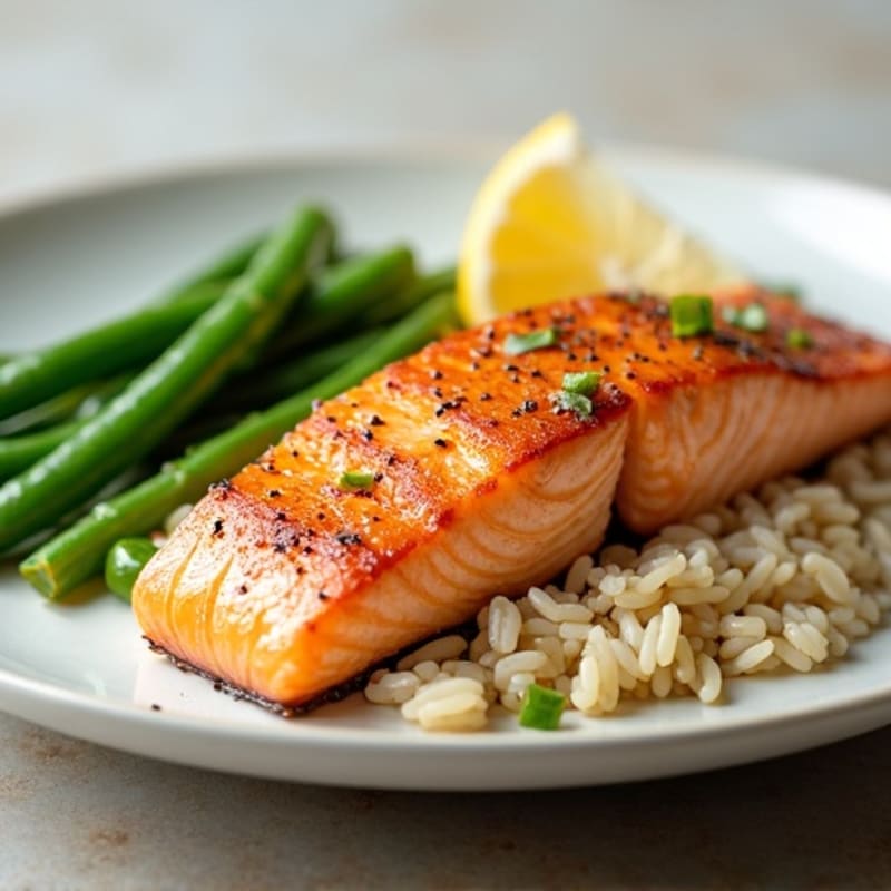 Seared Salmon with Jasmine Rice and Steamed Green Beans