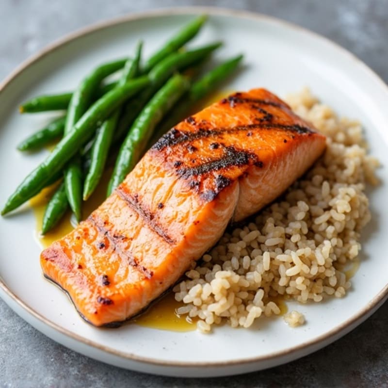 Seared Salmon with Garlic Green Beans and Brown Rice