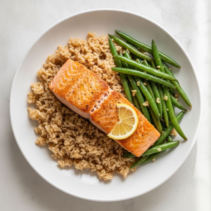 Seared Salmon Filet with Garlic Green Beans and Brown Rice