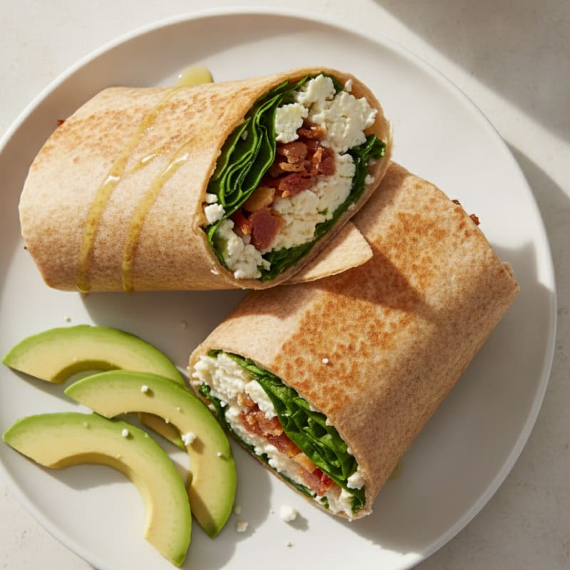Crispy Turkey Bacon and Egg White Wrap with Spinach and Feta