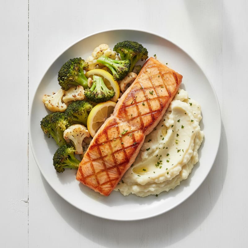 Seared Salmon with Roasted Broccoli and Garlic Mash