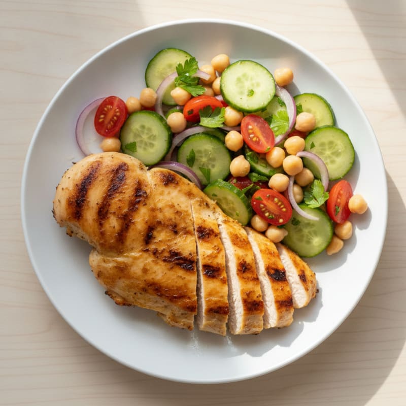 Grilled Chicken Breast with Chickpea Cucumber Salad
