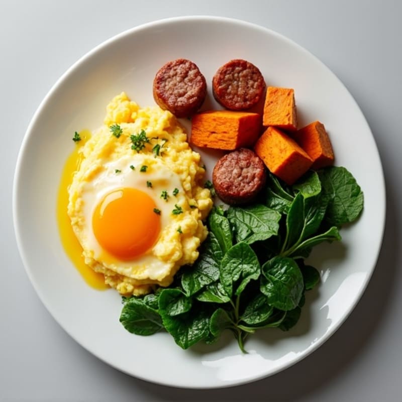 Egg White and Turkey Sausage Scramble with Spinach and Roasted Sweet Potato