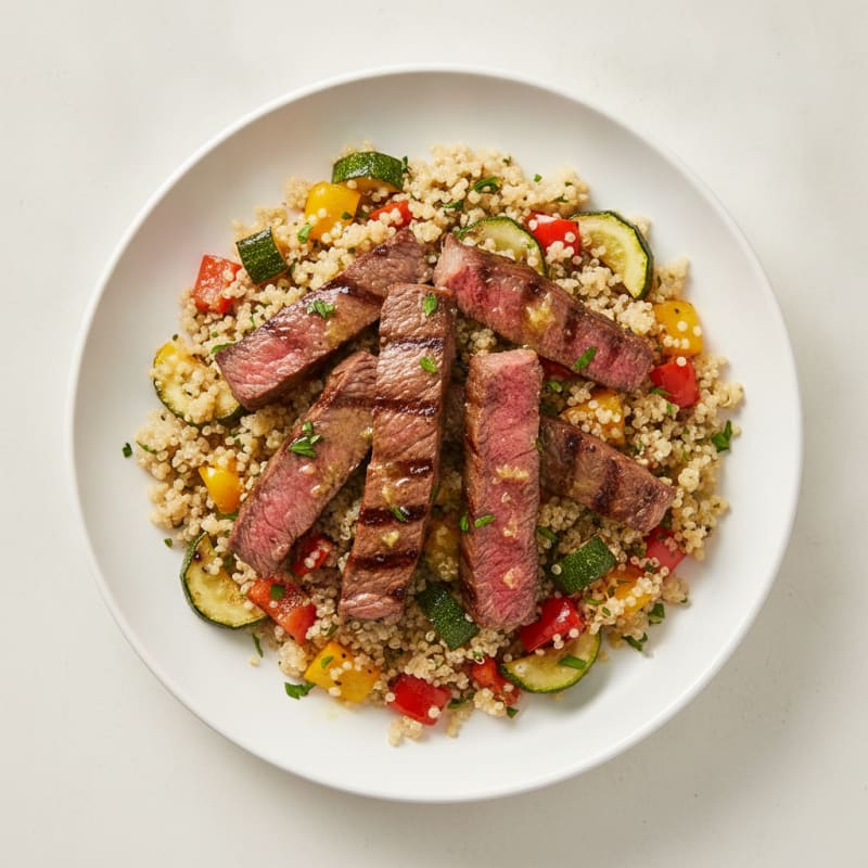 Grilled Beef Strips with Roasted Vegetable Quinoa Salad