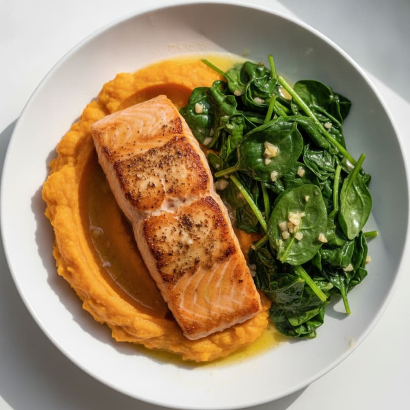 Seared Salmon with Garlic Sautéed Spinach and Sweet Potato Mash