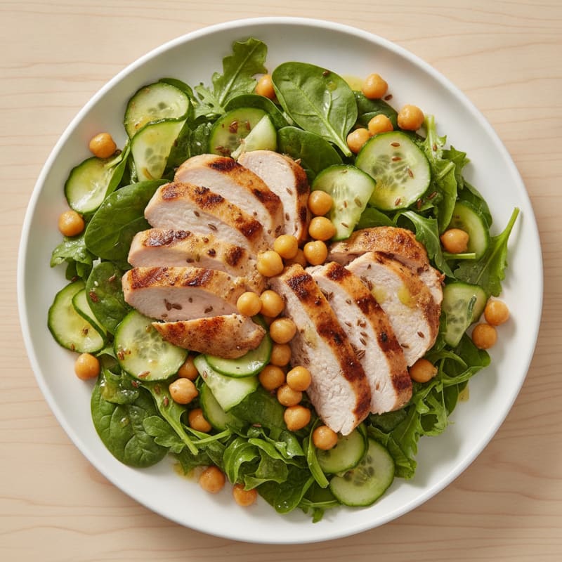 Grilled Turkey Breast Salad with Crunchy Cucumber and Chickpeas