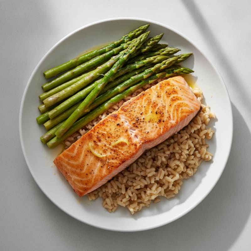 Seared Salmon with Steamed Asparagus and Brown Rice