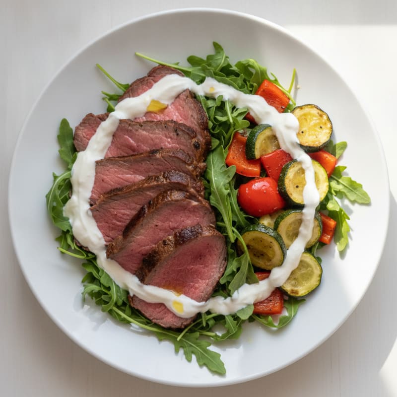 Seared Roast Beef Salad with Roasted Vegetables and Creamy Yogurt Dressing