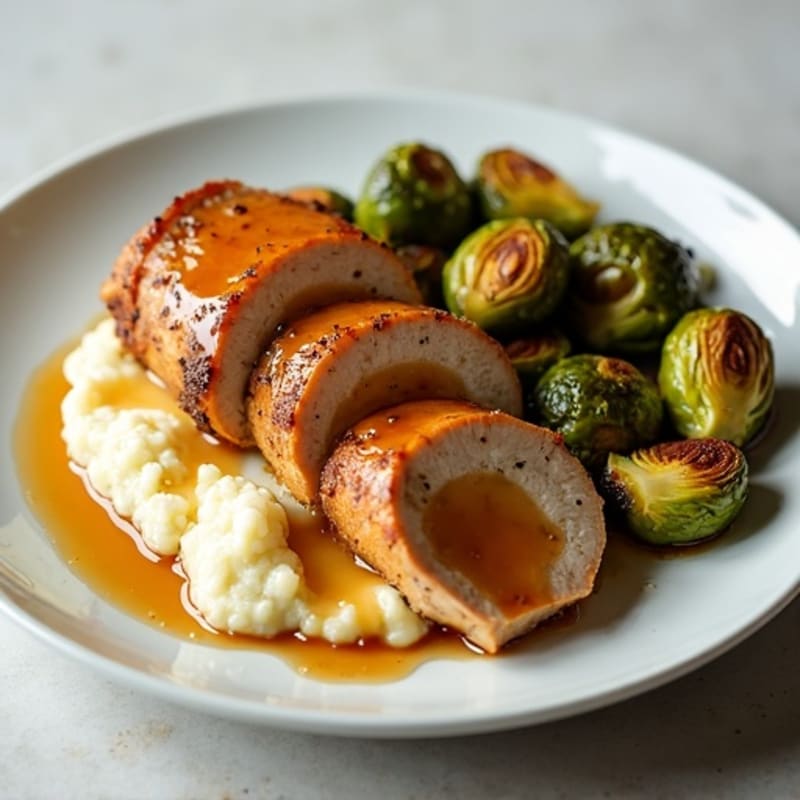 Maple-Glazed Pork Tenderloin with Creamy Cauliflower Mash and Crispy Roasted Brussels Sprouts