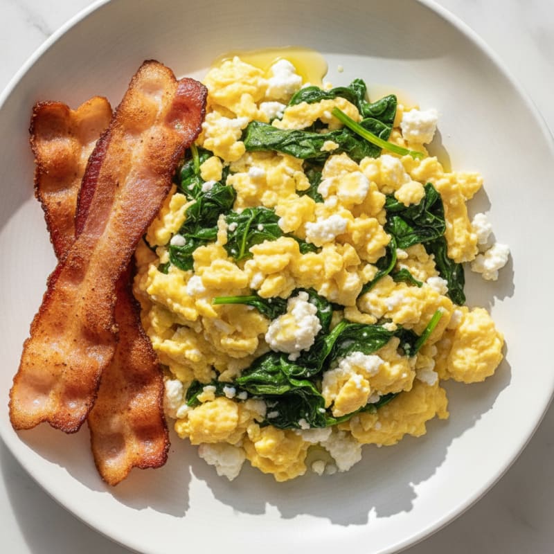 Cottage Cheese Egg Scramble with Spinach and Turkey Bacon
