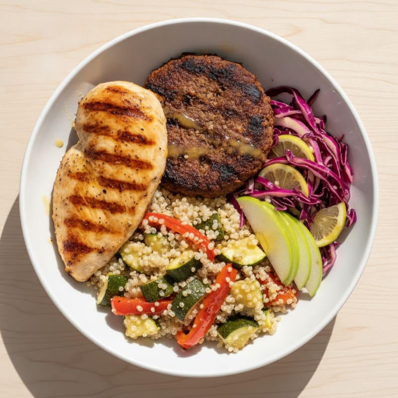 Black Bean Burger Bowl with Roasted Vegetables and Quinoa