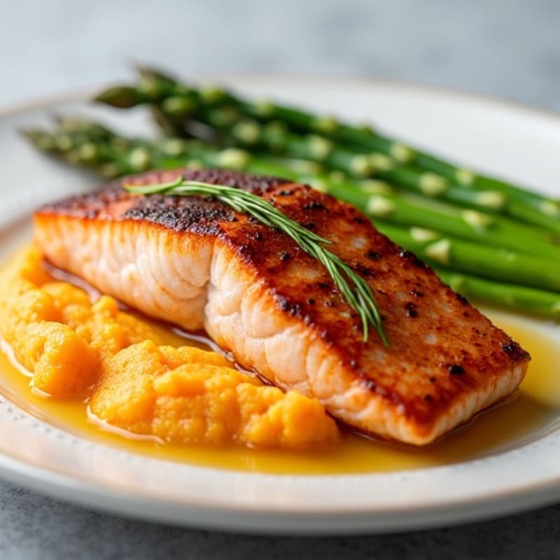 Seared Salmon with Steamed Asparagus and Sweet Potato Mash