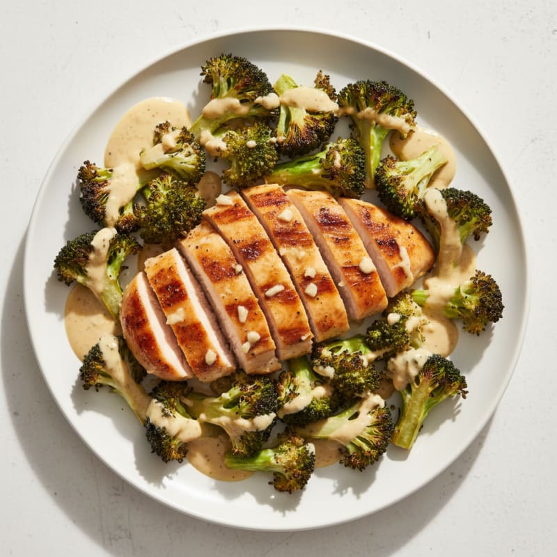 Grilled Chicken Breast with Roasted Broccoli and Lemon-Tahini Drizzle