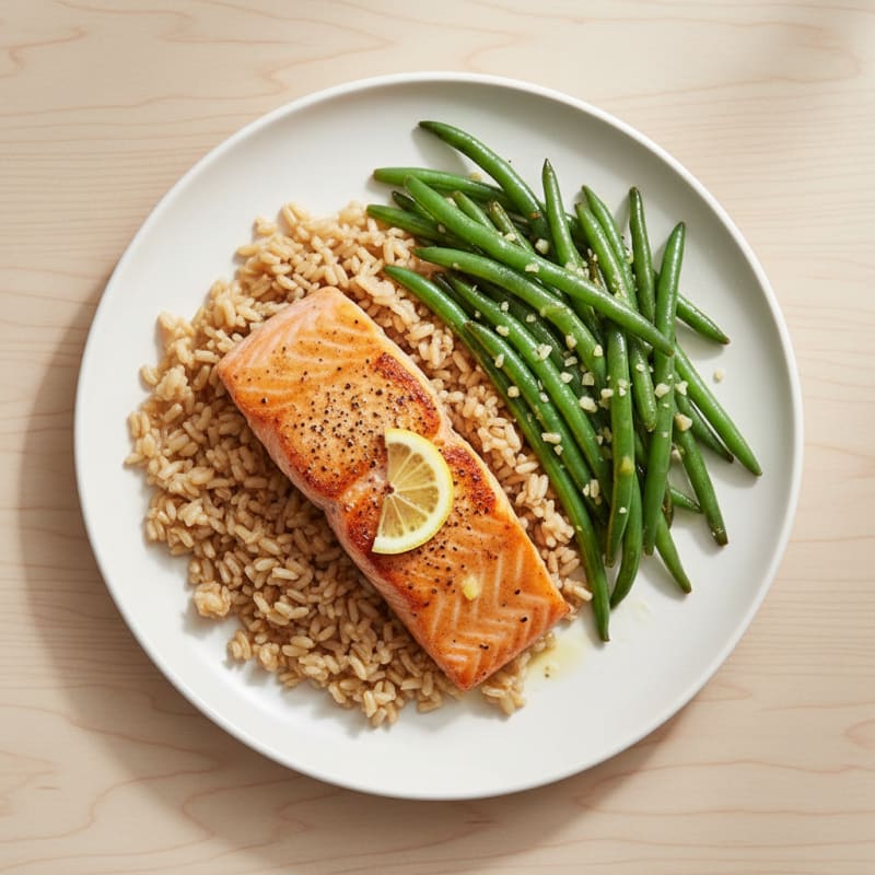 Seared Salmon Fillet with Garlic Green Beans and Brown Rice