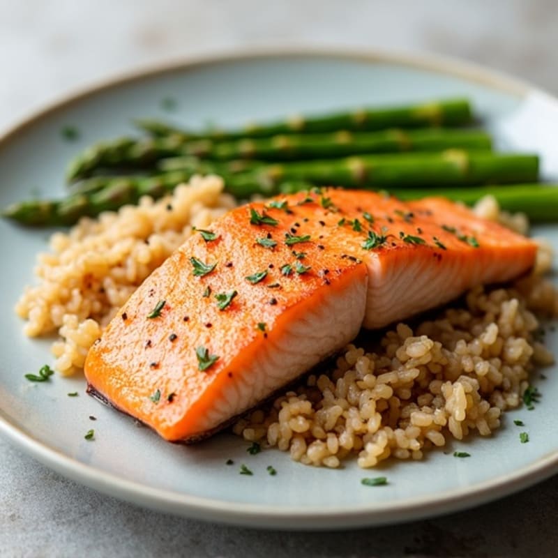 Seared Salmon with Steamed Asparagus and Brown Rice